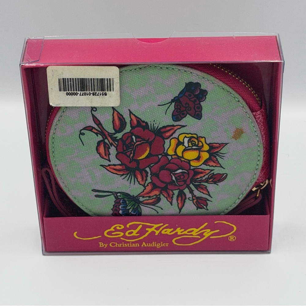 Ed Hardy Butterfly And Rose Tattoo Round Pink Wristlet Clutch Y2K Style Purse